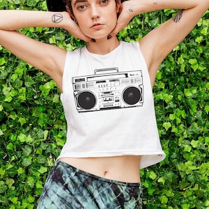 vintage boombox ghetto blaster print muscle tank women | 90s crop top shirt oversize tank top | retro shirt hipster tshirt image 3