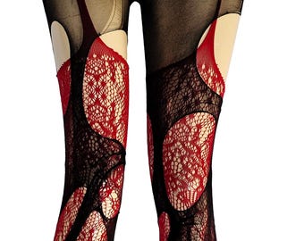 Red Black Garter Tights Floral Lace Tights Romantic Goth Fishnets Gothic Lingerie Witchy Alternative Stockings