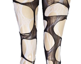 White Lace Tights Black Ripped Fishnet Tights Romantic Goth Leggings Gothic Bridal Witchy Distressed Stockings