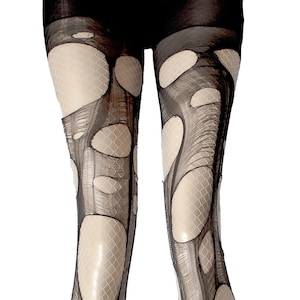 Collants résille noirs et blancs Nu goth | bas résille collants punk leggings goth collants sorcière | Collants double épaisseur déchirés et déchirés |