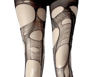 May include: Black fishnet tights with large, irregular holes throughout the fabric.
