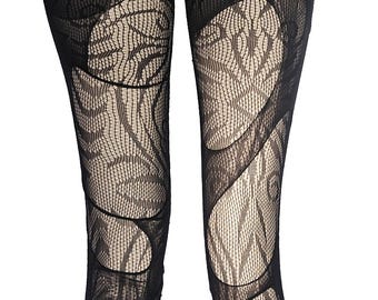Black Tribal Fishnet Tights Sacred Geometry Witch Leggings Festival Fairycore Dark Bohemian Alternative Fashion