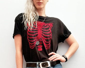 Handmade Glitter anatomy skeleton ribcage print T shirt | Unisex Halloween cyberpunk clothing aesthetic clothing