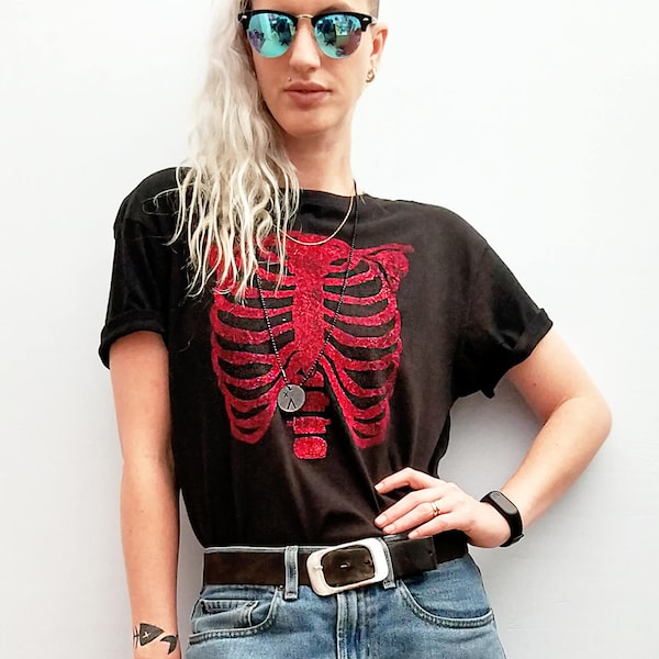 Handmade Glitter anatomy skeleton ribcage print T shirt | Unisex Halloween cyberpunk clothing aesthetic clothing
