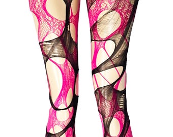 Pink Black Ripped Tights, Torn Lace Rave Tights, Goth Festival Fishnets, Alternative Tights