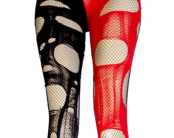 Collants déchirés collants résille rouge noir | effet vieilli collants déchirés collants goth bas résille leggings résille | collants punk