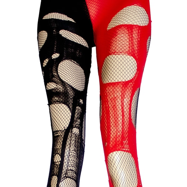 Collants déchirés collants résille rouge noir | effet vieilli collants déchirés collants goth bas résille leggings résille | collants punk