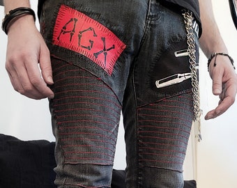 punk jeans crust punk pants embroidered jeans biker jeans | patchwork jeans streetwear pants ripped jeans men | goth pants goth jeans
