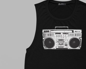 ghetto blaster vintage boombox print muscle tank women | oversize tank top | Unisex retro shirt hipster tshirt