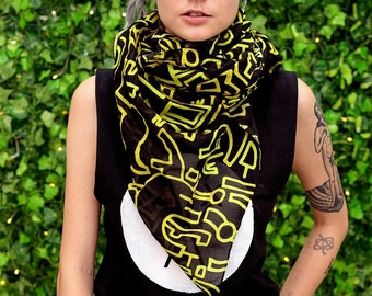 abstract scarf yellow black oversized scarf | tribal print abstract print designer cotton silk scarf | gift for her girlfriend gift