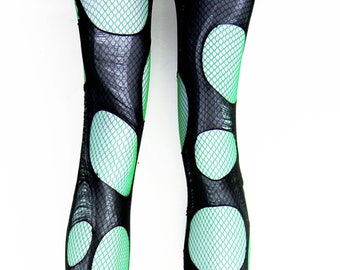 cut leggings emerald green fishnets double layered tattered & torn punk tights | fishnet leggings goth tights