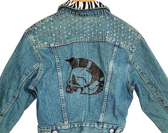 green denim jacket glitter skull studded denim jacket punk jacket | custom denim jacket hand painted denim jacket custom jean jacket size S