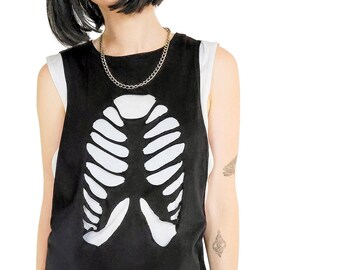 Handgemaakte skelet tanktop uitgesneden bovenste ribbenkast skelet T-shirt | uitgesneden tanktop uitgesneden shirt Unisex goth top gotische top Halloween shirt