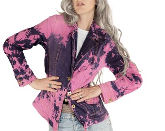 flamingo pink denim jacket acid wash jacket denim blazer | 90s jean jacket tie dye jacket festival jacket| Jean Jacket Size M