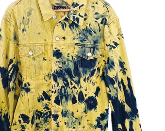 Tie Dye yellow jacket yellow denim jacket distressed jacket punk jacket upcycled jean jacket | yellow jeans jacket | size XL