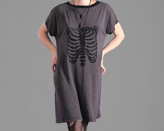 Halloween skeleton dress oversize dress rib cage print tunic tshirt dress glitter special edition |  goth dress cyberpunk clothing
