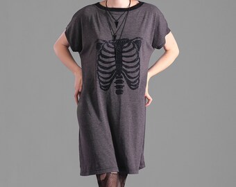 Halloween skeleton jurk oversized jurk ribbenkast print tuniek tshirt jurk glitter speciale editie |  goth jurk cyberpunk kleding