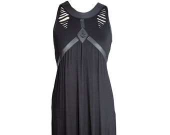 Zwart leren jurk uitgesneden jurk zomer | gothic jurk gotische maxi jurk | goth streetwear harnas jurk festival jurk