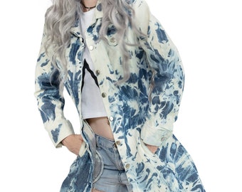 Acid wash tie dye bleached jeans coat | bleached denim acid wash jeans festival coat  | jeans jacket size XL