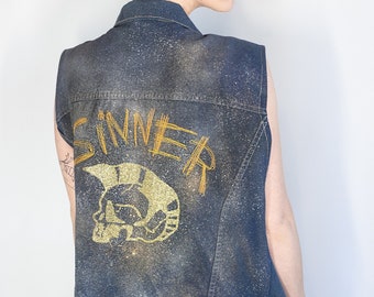 UNISEX XL Glitter n gold hand painted denim biker vest battle vest |  custom denim vest soft grunge denim vest | upcycled denim punk jacket