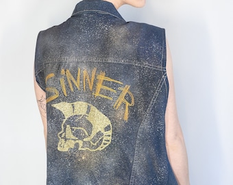 UNISEX XL Glitter n oro pintado a mano denim biker chaleco chaleco de batalla / chaleco de mezclilla personalizado chaleco de mezclilla grunge suave / chaqueta punk de mezclilla reciclada