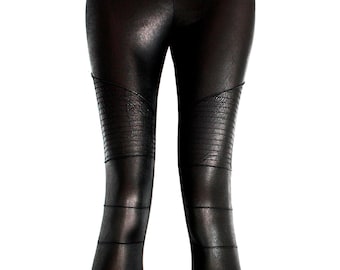 black vegan leather leggings embroidered biker pants | aesthetic clothing cyberpunk leggings | handmade leggings