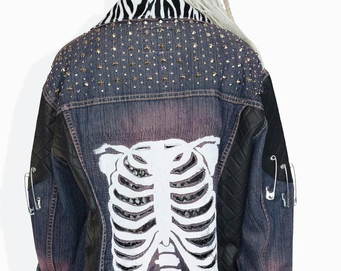 Skeleton jacket battle jacket goth jacket punk jacket custom jean jacket | oversized jacket leather jacket |  studded denim jacket | size XL