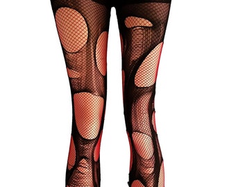 Red black fishnet tights fishnet stockings double layered tattered & torn tights fishnet leggings | goth tights punk fishnets
