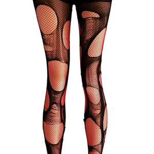 Red black fishnet tights fishnet stockings double layered tattered & torn tights fishnet leggings | goth tights punk fishnets