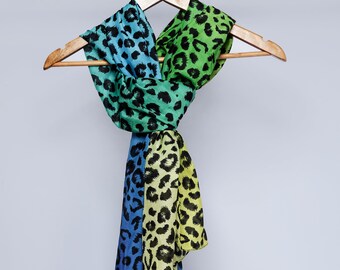 leopard print scarf colorful scarf bohemian scarf | green blue yellow gradient leopard scarf | designer scarf large cotton scarf silk scarf