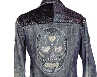 Sugar skull goth jacket custom jean jacket |  goth jacket punk jacket rhinestone denim jacket studded denim jacket | unique jacket | Size S
