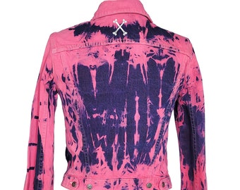 Roze spijkerjasje cropped jack tie-dye spijkerjack geüpcycled spijkerjack | Jaren 90 spijkerjasje tie-dye jasje roze spijkerjasje | Maat M