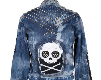 studded denim jacket battle jacket motorcycle jacket unique jacket embellished denim jacket | biker jacket custom jean jacket size M