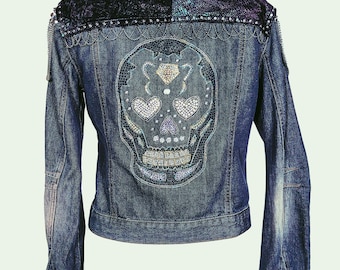 Sugar skull goth jacket custom jean jacket |  goth jacket punk jacket rhinestone denim jacket studded denim jacket | unique jacket | Size S