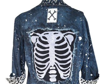 skeleton jacket battle jacket distressed jacket studded denim jacket | punk jacket unique jacket painted denim jacket  |  jean jacket size L