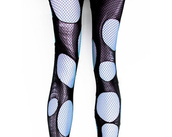 baby blue and black double layered torn fishnet stockings black fishnet tights fishnet leggings goth tights