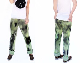 green paint splatter jeans