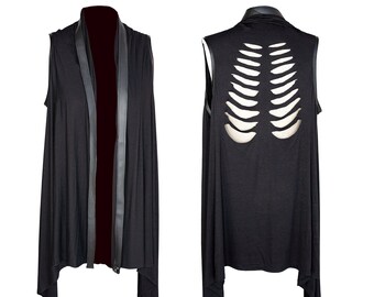 skeleton rib cage cutout black lightweight cardigan vest goth vest | kimono vest long flowy vest | oversized cardigan