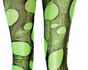 Neon green black fishnet tights rave accessories |  ripped tights fishnet stockings | goth tights distressed tights fishnet leggings