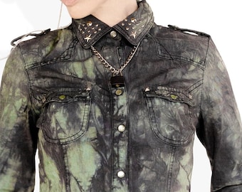 Green denim tie dye jean shirt studded shirt | upcycled denim shirt | studded jeans shirt | embellished denim Upcycled clothing | Size S