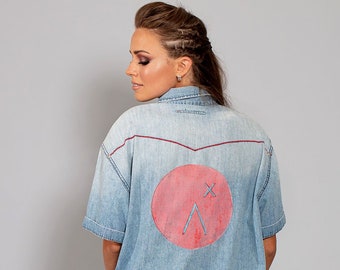 Logo print upcycled vintage denim shirt sustainable clothing | ethical clothing oversized shirt Size M