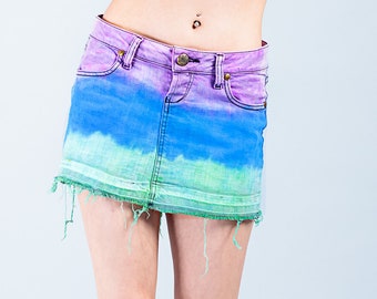 SALE Upcycled y2k skirt neon tie dye dip dye ombre denim skirt | jean skirt micro mini skirt | festival y2k clothing | size Small