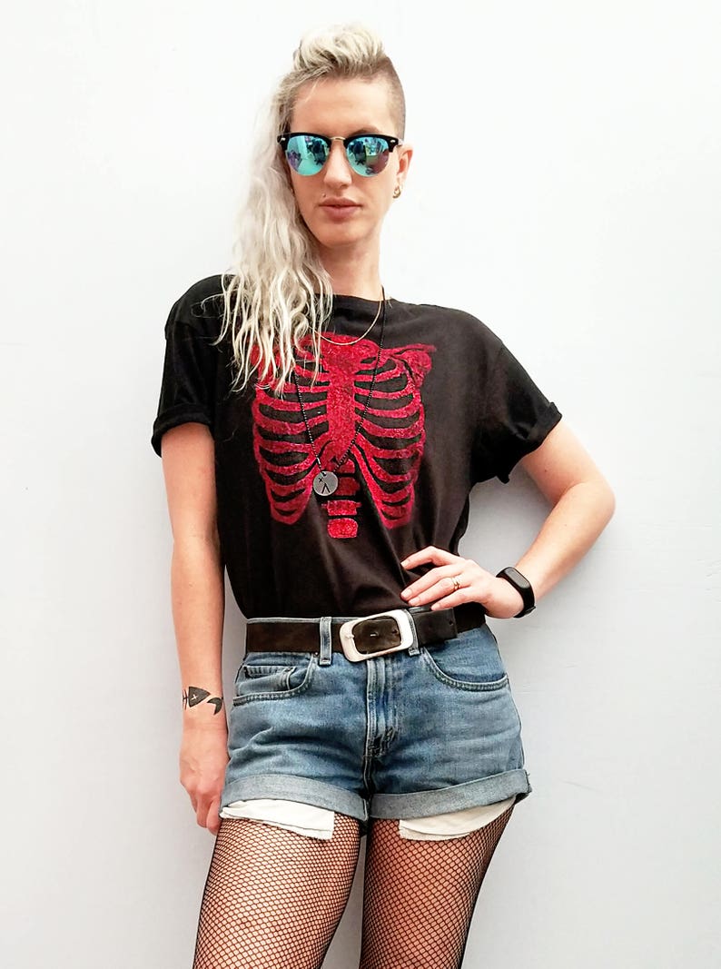 Handmade Glitter anatomy skeleton ribcage print T shirt Unisex Halloween cyberpunk clothing aesthetic clothing image 1