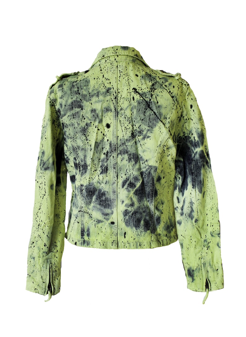 green jean jacket green denim jacket splatter green jeans jacket punk jacket upcycled jean jacket hand painted jacket military jacket size L image 1