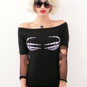 skeleton tshirt off the shoulder top | pastel goth shirt skeleton hands goth t shirt | goth top goth tank top skull tshirt image 2