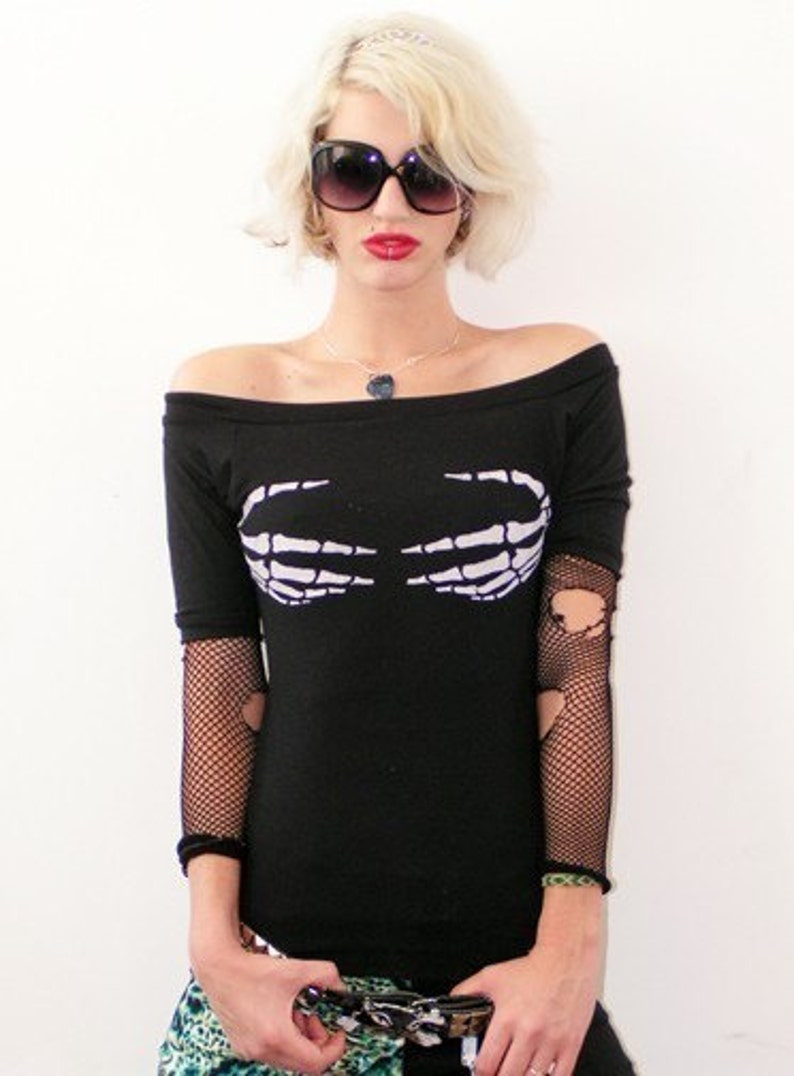 skeleton tshirt off the shoulder top | pastel goth shirt skeleton hands goth t shirt | goth top goth tank top skull tshirt image 2