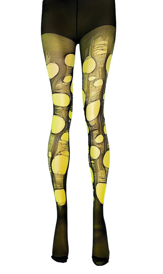 Neon Yellow Black Fishnet Tights Ripped Tights Fishnet Stockings