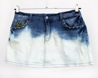 y2k skirt Acid wash studded denim skirt Dip dye skirt jean skirt upcycled jean skirt | cyberpunk clothing mini skirt size Large Sample Sale