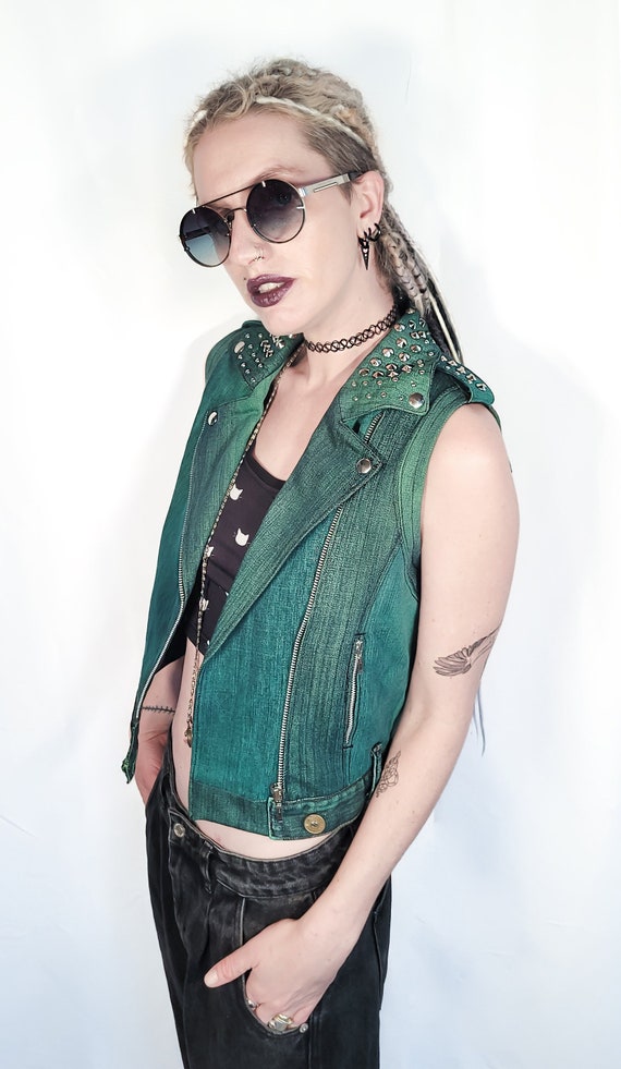 personalized vest studded vest denim biker vest |  moto vest upcycled denim vest | custom jean jacket motorcycle jacket