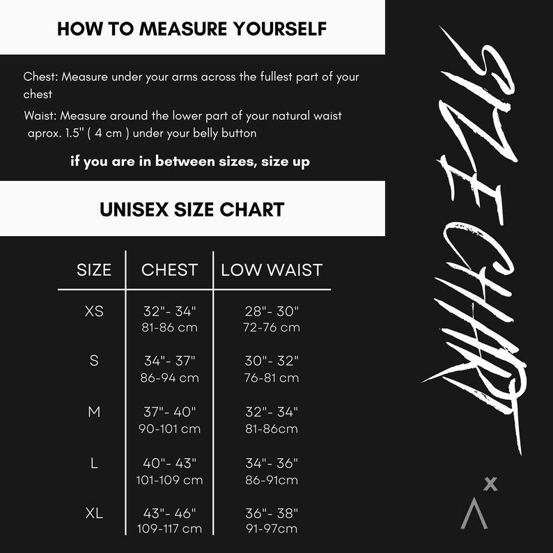 May include: Unisex size chart with measurements in inches and centimeters for chest and low waist. Sizes include XS, S, M, L, and XL.